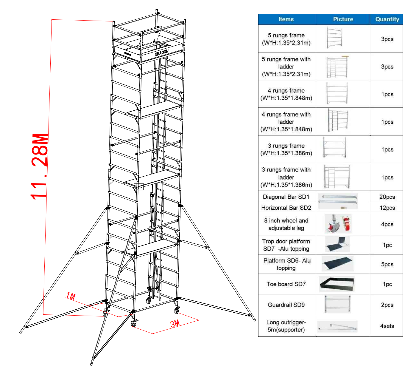 11.28m Outdoor Portable Double Scaffold with Ladder 11.28m户外便携式双梯脚手架