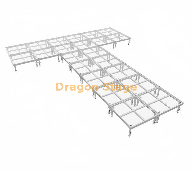 8.54x7.32m Adjustable Aluminum Quick-Lock Portable Glass Stage with 2 Stairs 8.54x7.32m 可调节铝制快速锁定便携式玻璃舞台,带 2 个楼梯