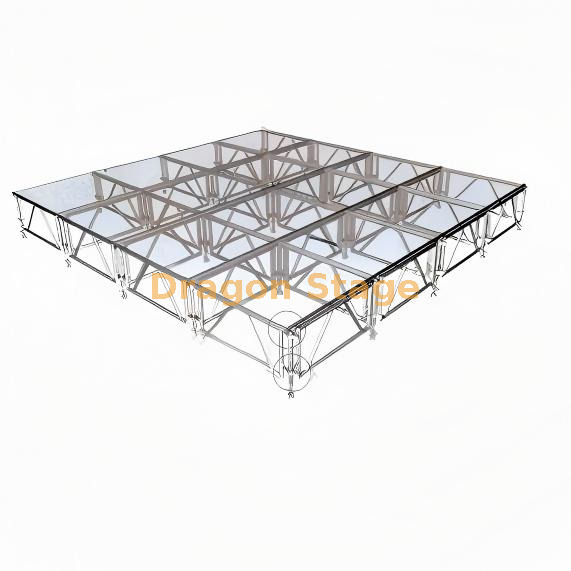 4.88x4.88m Square Aluminum Mobile Acrylic Glass Stage with Adjustable Height and Dual Stairs 4.88x4.88米方形铝制移动亚克力玻璃舞台,可调节高度和双楼梯