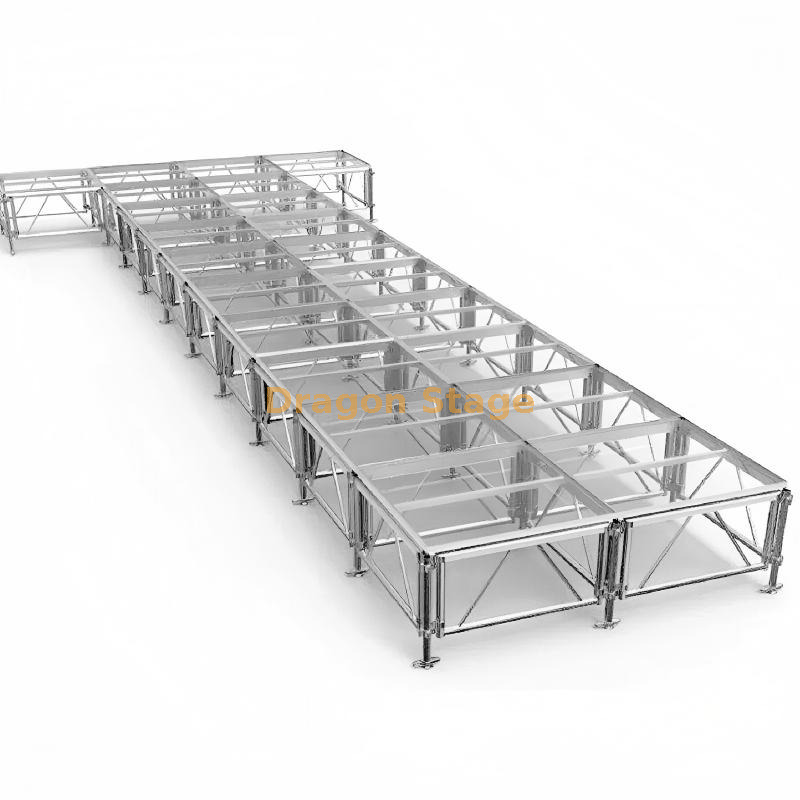 T-Shape Glass Fashion Runway with Adjustable Aluminum Frame and Dual Stairs T型玻璃时尚跑道带可调节铝框和双楼梯