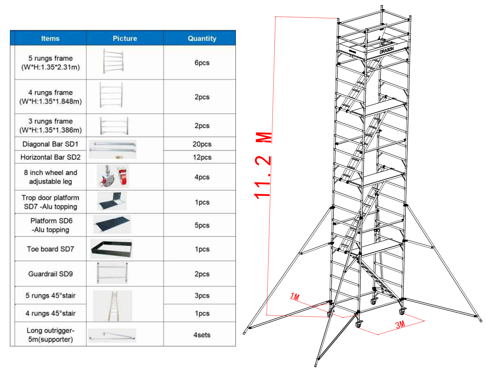11.28m Aluminum 45 Degree Ladder Scaffolding Tower 11.28m铝制45度梯式脚手架塔
