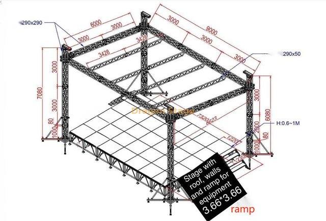 铝制平坦屋顶桁架舞台，坡道舞台设备9x6x7m