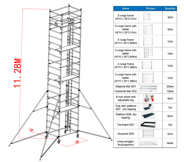 1.35x2x11.28m 户外便携式双层脚手架带梯子