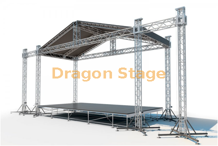 带天篷的铝制屋顶桁架 12x10x7m 和两侧 3m 线阵列索具，2x1m 第 3 阶段楼梯