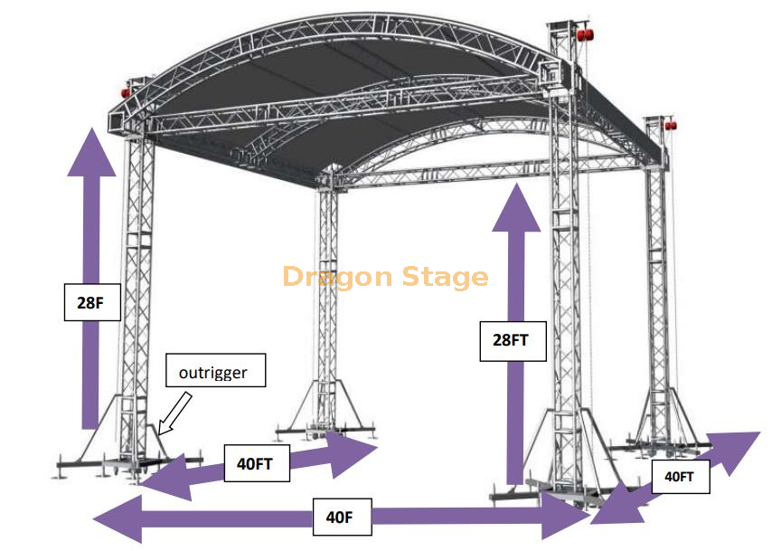 户外铝音乐会舞台桁架弯曲的屋顶照明桁架12x12x9m（40x40x28ft）