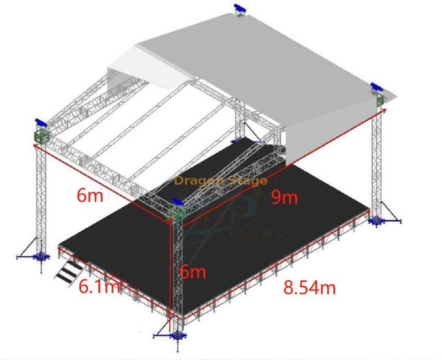 定制铝制桁架车顶框架设计9x6x6m，带舞台平台8.54x6.1m / 7.32x4.32x4.88m