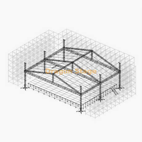 36m 环锁桁架墙，带 21x20m 铝制屋顶舞台、2 个前 LED 翼和 2 个铝制楼梯