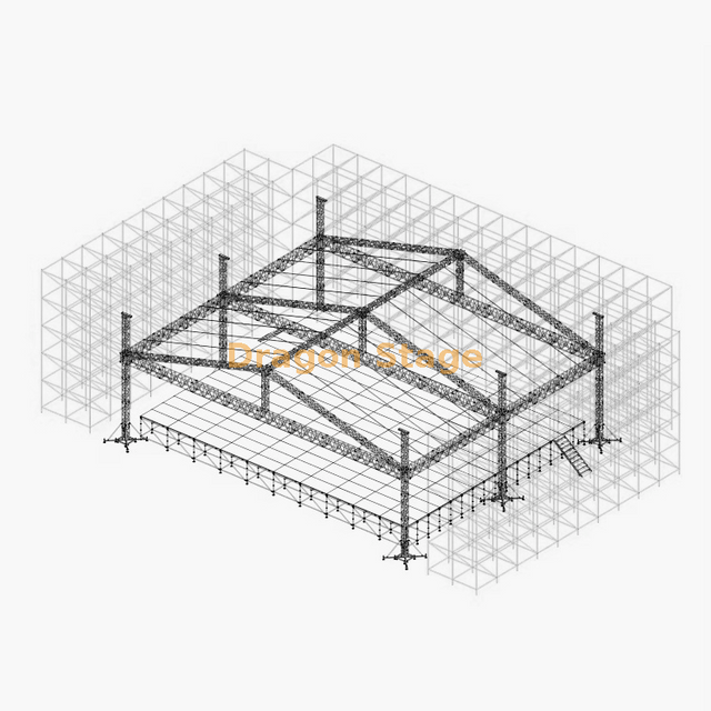 36m 环锁桁架墙，带 21x20m 铝制屋顶舞台、2 个前 LED 翼和 2 个铝制楼梯