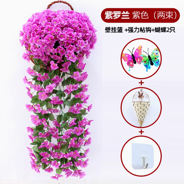 模拟的紫罗兰色墙壁悬挂兰花大刺绣人造塑料花丝绸花藤制紫色红色2束大紫罗兰免费悬挂式篮子+2蝴蝶+钩子
