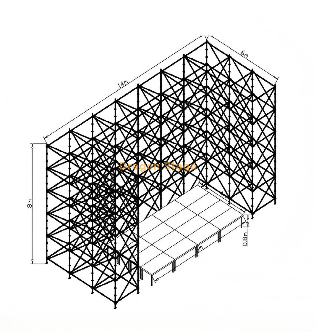 14x6x8m 环锁桁架墙，带 8x4m 铝制快速舞台和 2 个楼梯