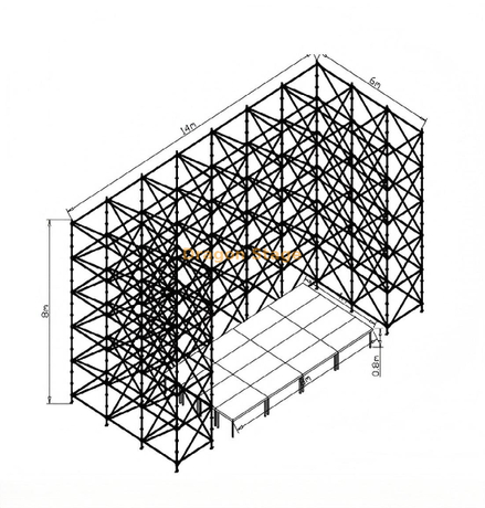 14x6x8m 环锁桁架墙，带 8x4m 铝制快速舞台和 2 个楼梯