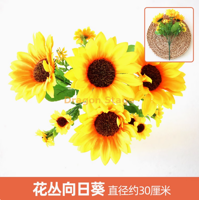 绿色植物，模拟植物墙，塑料草坪，阳台，室内背景，花墙，荧光黄色花朵，花簇，1束向日葵