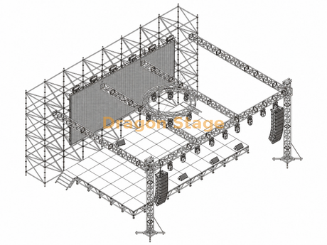 16x2x8m 环形 LED 背景墙，带 12.2x7.32m 铝制舞台和 14x10x6m 照明桁架屋顶