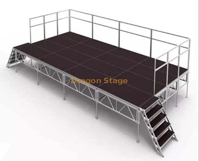  32x16ft户外铝制便携式舞台赛事阶段4x8ft甲板，带舞台导轨9.76x4.88m高0.8-1.2m高
