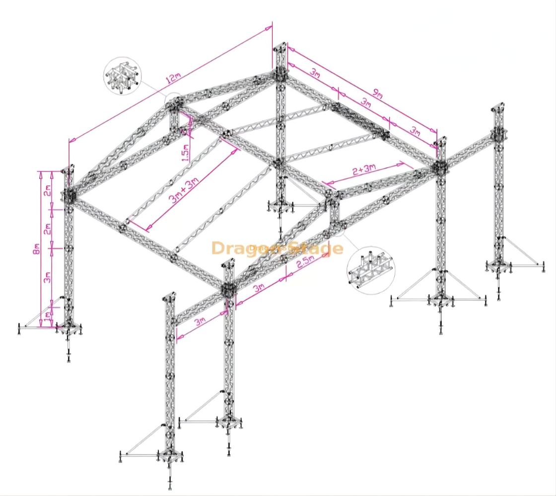 音乐会铝制户外活动舞台银色展位活动桁架带屋顶 12x9x8m