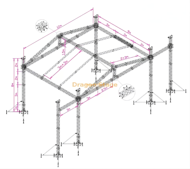 音乐会铝制户外活动舞台舞台银摊位活动桁架，屋顶12x9x8m