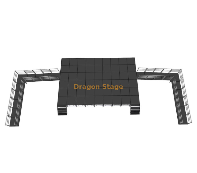 专业 10.98x7.32m 便携式铝制舞台系统，带 ADA 坡道和 2 个楼梯，高度可调 0.8-1.2m