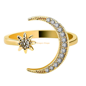 开放式指环女士珠宝立方锆石不锈钢 14k 18k 镀金月亮和星星可调节结婚戒指