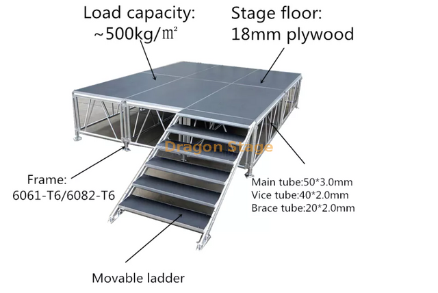 中国制造商批发室外铝制平台模块化舞台甲板4x8ft（12.2x6.1m 40x20ft高度1.2-2m，可调节2楼梯）