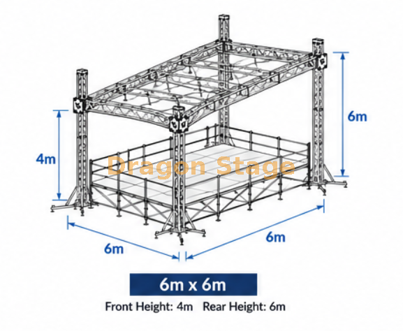 6x6m 平屋顶铝桁架系统，前高 4m，后高 6m