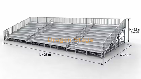 25x10 米环形看台座位系统，带两个过道和 3 侧护栏