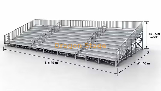 25x10 米环形看台座位系统，带两个过道和 3 侧护栏