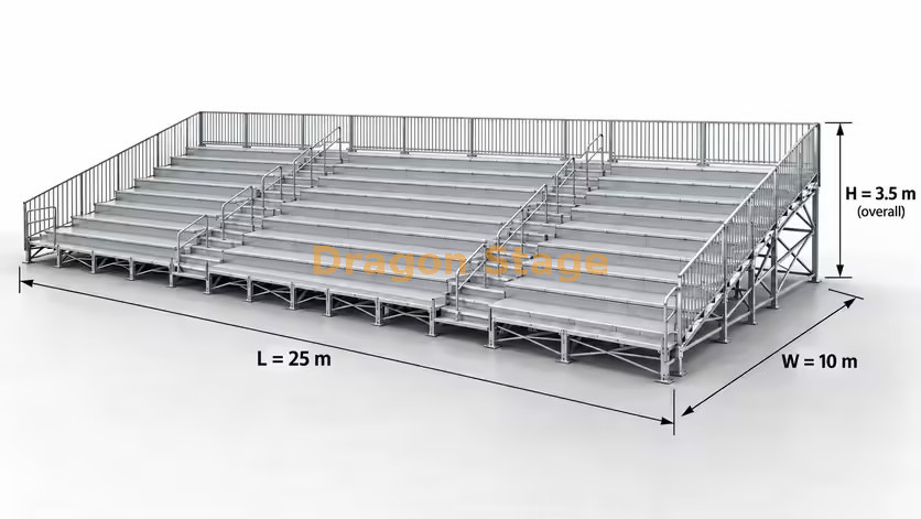25x10 米环形看台座位系统，带两个过道和 3 侧护栏